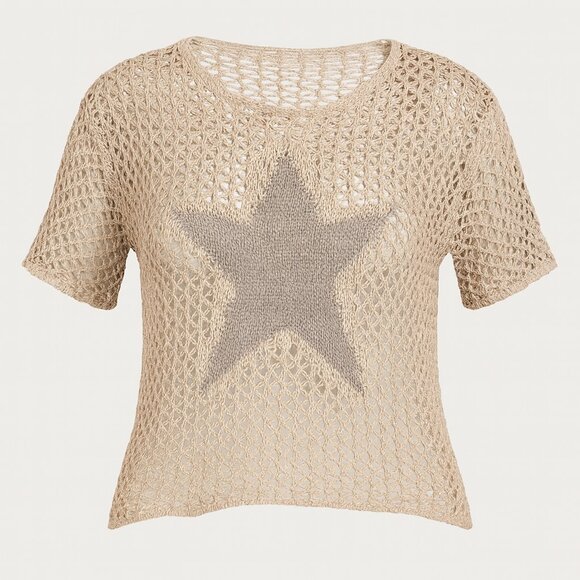 Beige Crochet Knit Star Sweater Open Weave Lightweight Short Sleeve Top - Picture 1 of 7